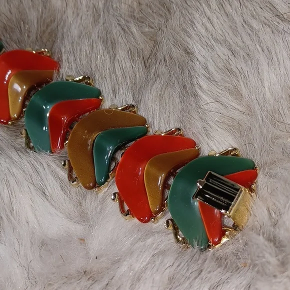 Vintage Bracelet Link Green Orange 7" Chunky Jewelry - Picture 4 of 7